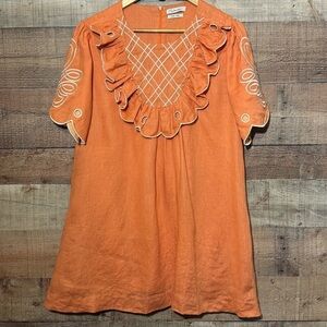 Innika Choo Linen Mini Dress Embroidered Ruffle Yoke Size 3 Babydoll